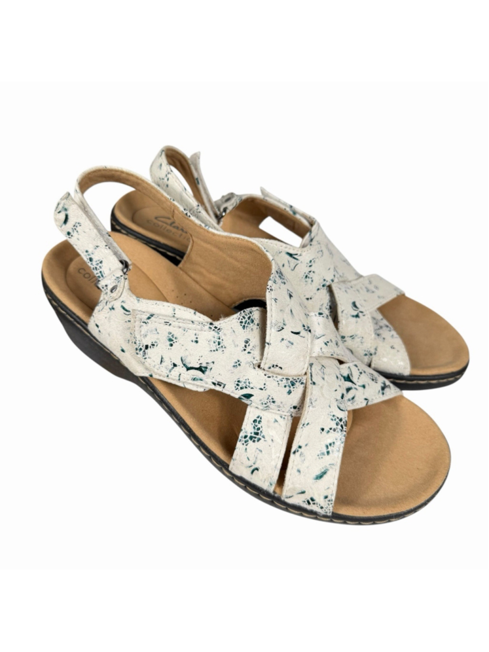 Clarks Merliah Echo White Blue Floral Wedge Comfort Women's Sandals Size 9.5 W